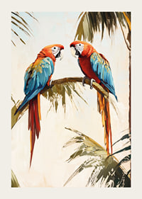 A poster of two parrots resting on a palm branch in a tropical setting-3