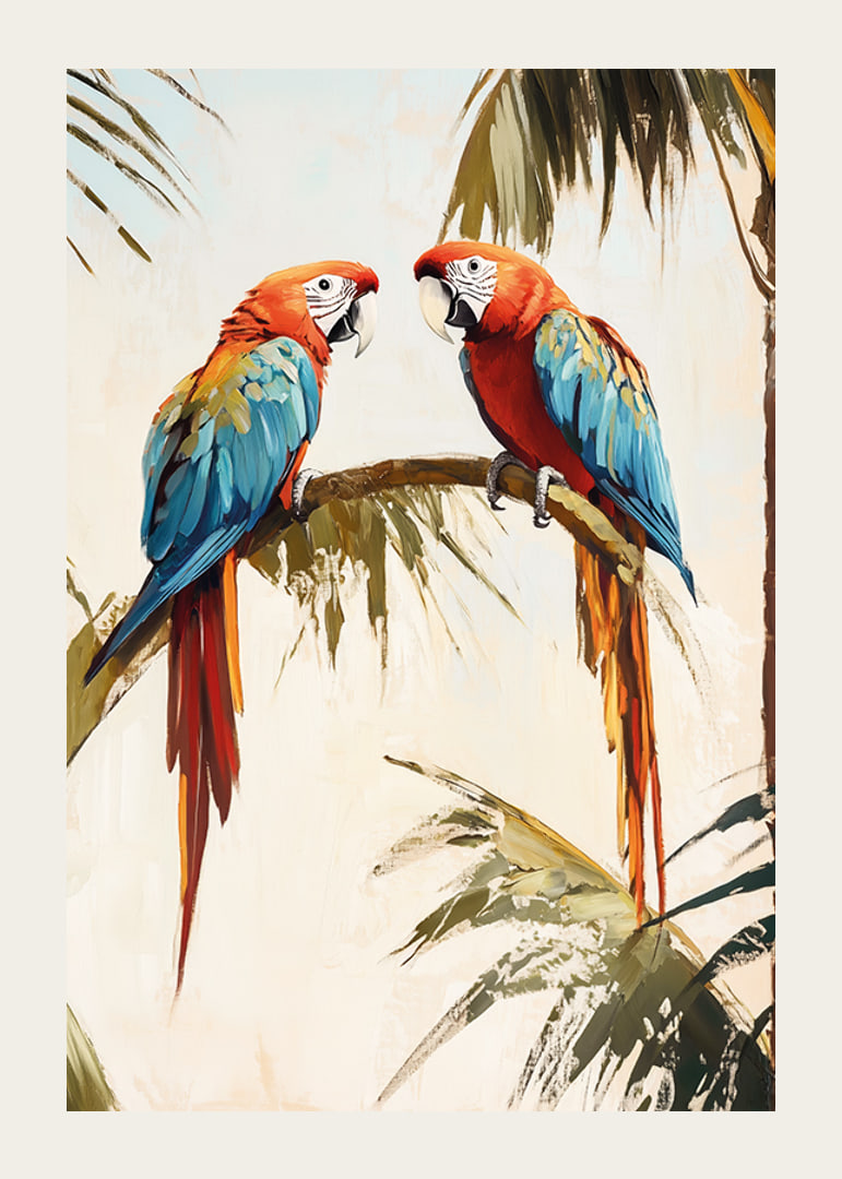 A poster of two parrots resting on a palm branch in a tropical setting-12