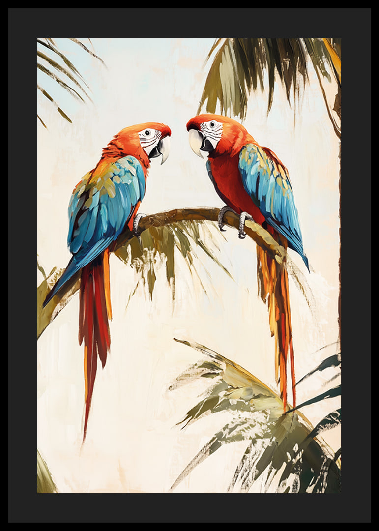 A poster of two parrots resting on a palm branch in a tropical setting-12