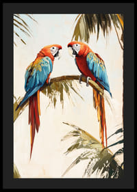 En poster av två papegojor som vilar på en palmgren i en tropisk miljö-4