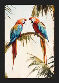 A poster of two parrots resting on a palm branch in a tropical setting-5
