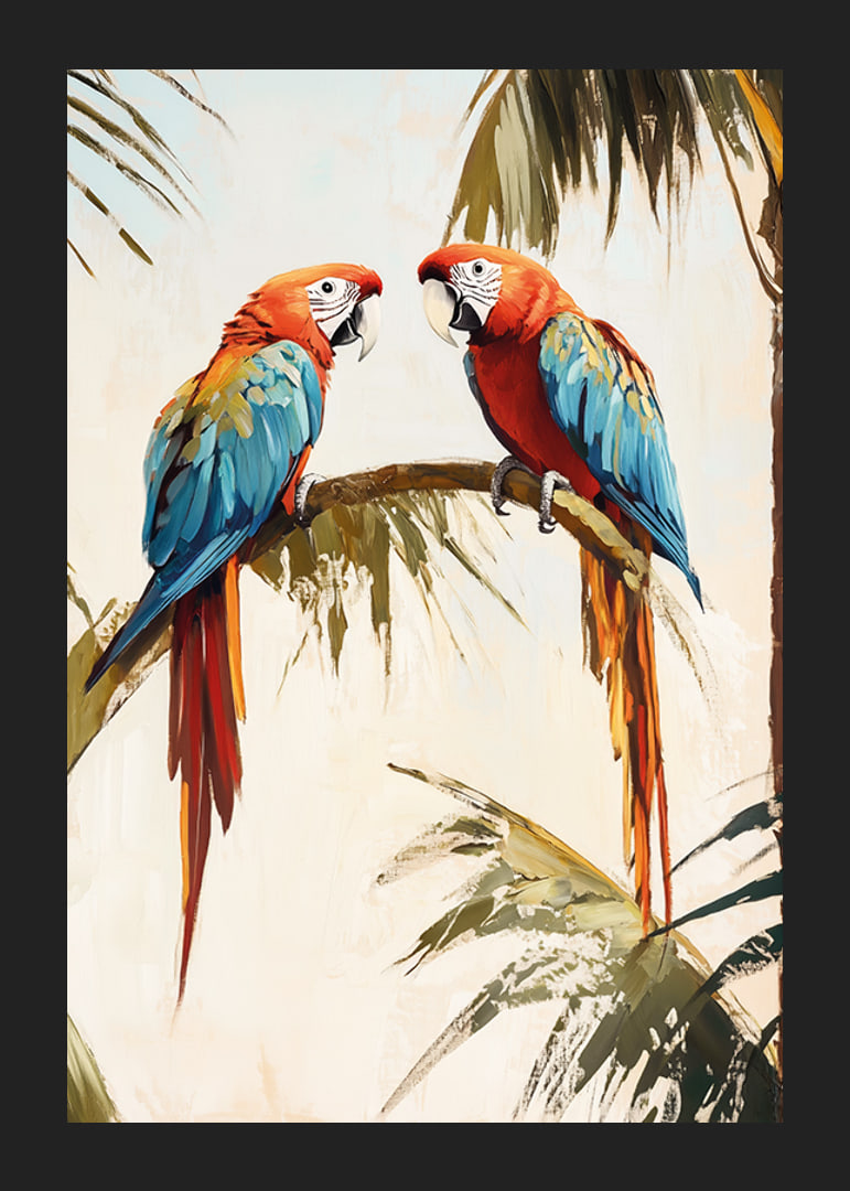 A poster of two parrots resting on a palm branch in a tropical setting-12