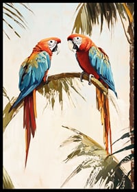 A poster of two parrots resting on a palm branch in a tropical setting-6