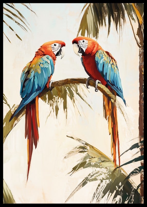 A poster of two parrots resting on a palm branch in a tropical setting-12