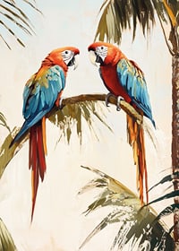 A poster of two parrots resting on a palm branch in a tropical setting-7