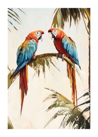 Un afiș cu doi papagali care se odihnesc pe o ramură de palmier într-un cadru tropical-1