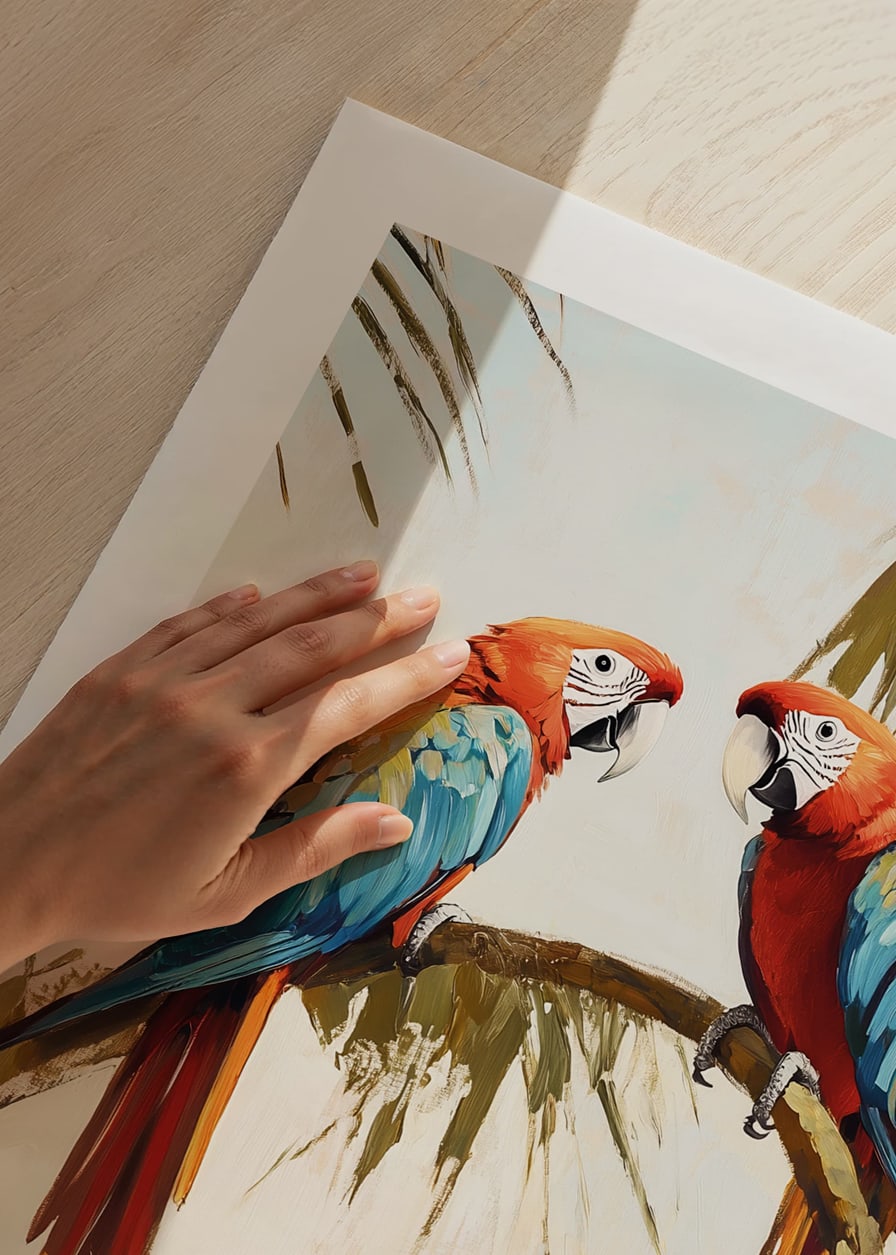 A poster of two parrots resting on a palm branch in a tropical setting-12