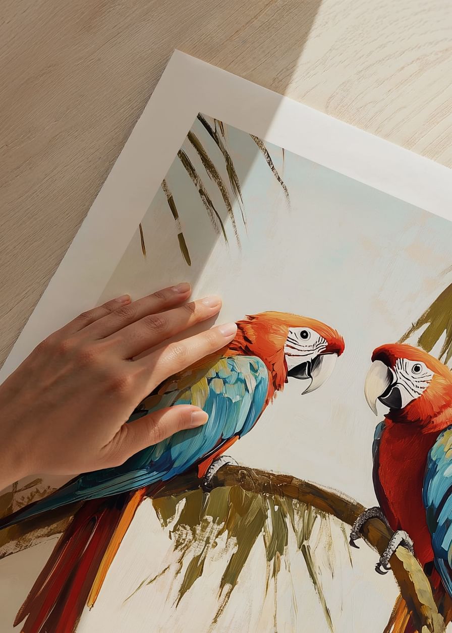 Un afiș cu doi papagali care se odihnesc pe o ramură de palmier într-un cadru tropical-12