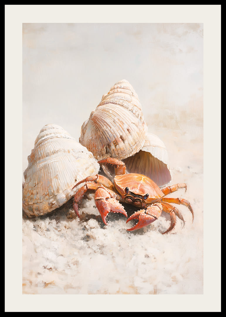 A poster of a curious crab among seashells on a sunny sandy beach-12