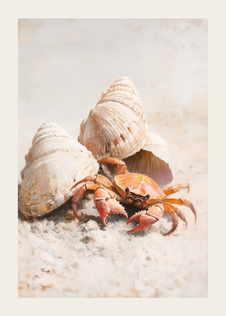 A poster of a curious crab among seashells on a sunny sandy beach-12