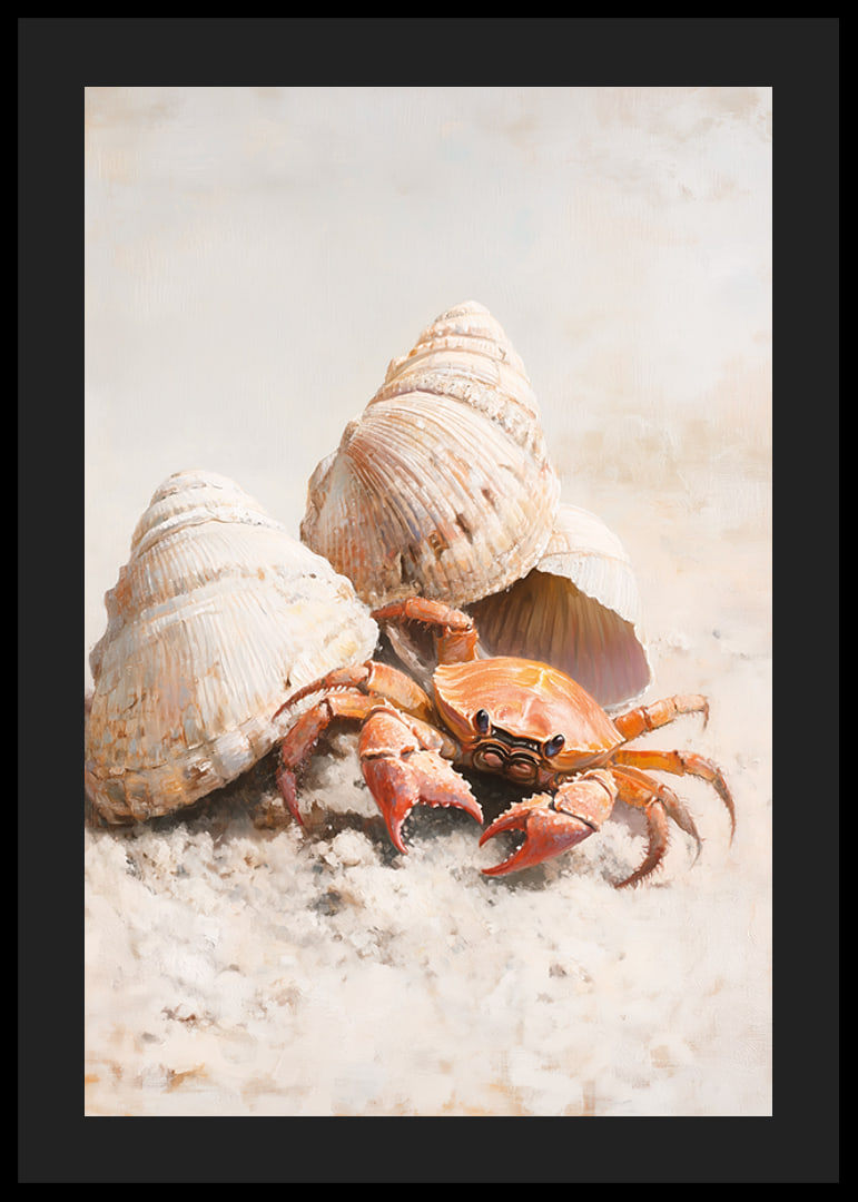A poster of a curious crab among seashells on a sunny sandy beach-12