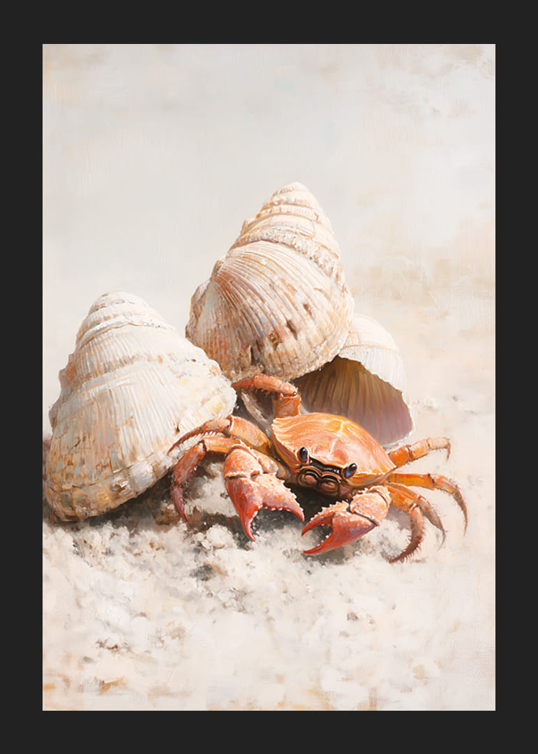 A poster of a curious crab among seashells on a sunny sandy beach-12