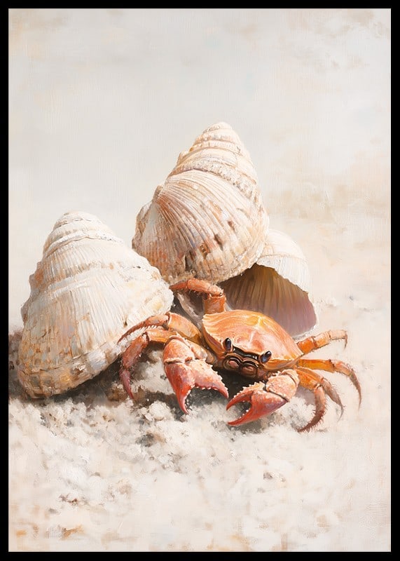 A poster of a curious crab among seashells on a sunny sandy beach-12