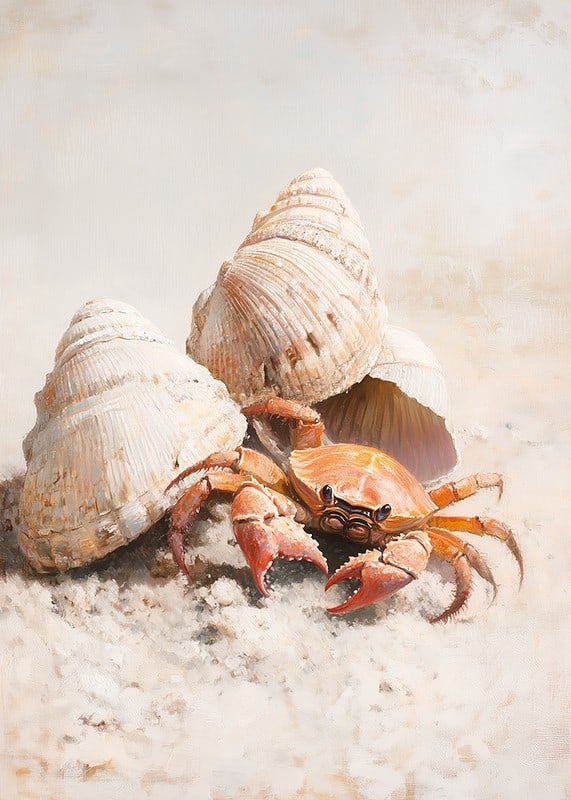 A poster of a curious crab among seashells on a sunny sandy beach-12