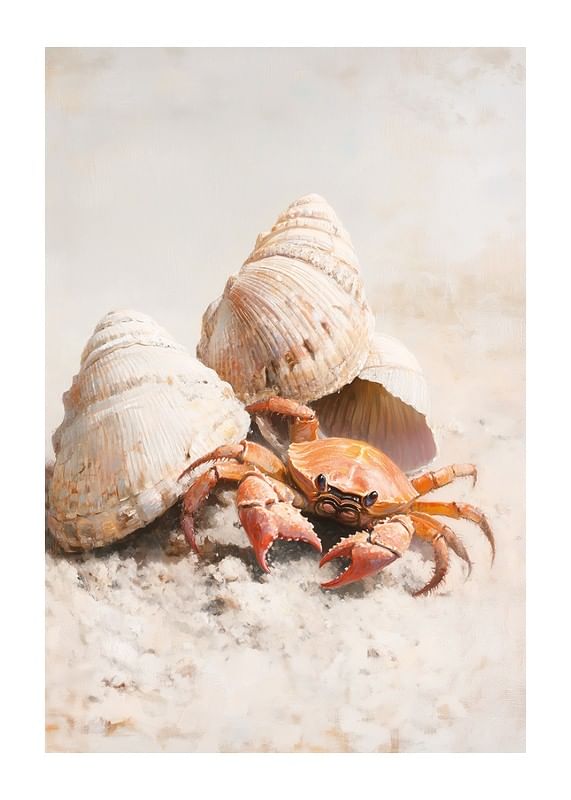 Un afiș cu un crab curios printre scoici de pe o plajă însorită de nisip-12