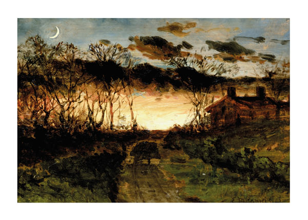 Plagát Sunset With Quarter Moon And Farmhouse By Edward Mitchell Bannister