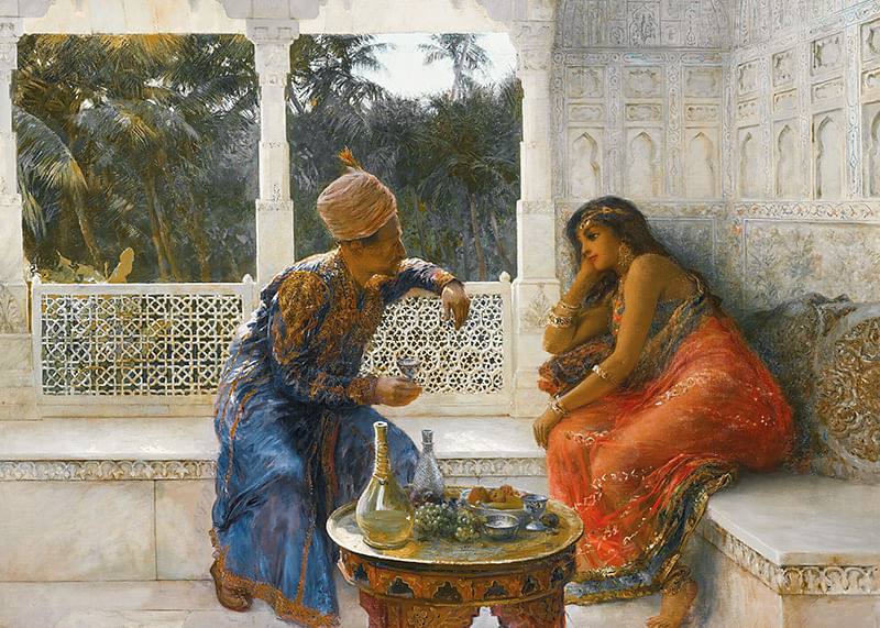Figuren in een interieur met een palmentuin erachter door Edwin Lord Weeks-12