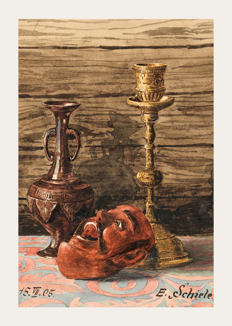 Stillleben Mit Kerzenleuchter, Vase Und Maske By Egon Schiele-12