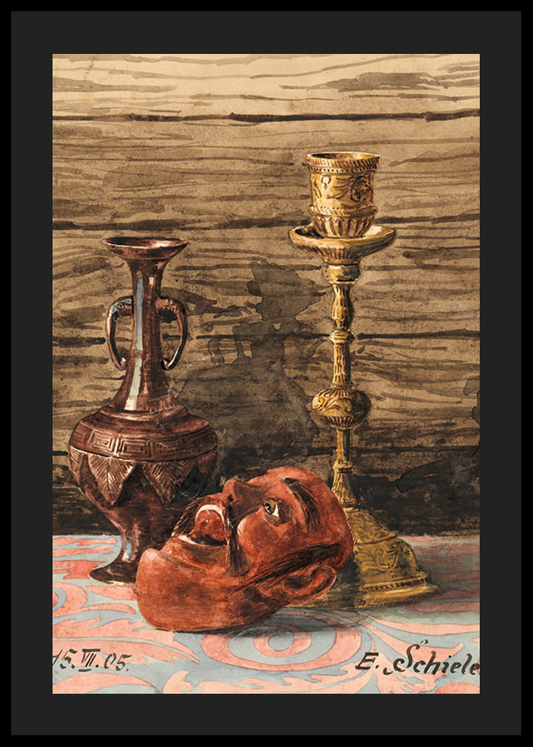 Zátišie so svietnikom, vázou a maskou od Egona Schieleho-12