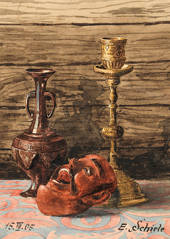 Still Life with Candlestick, Vase and Mask by Egon Schiele-12