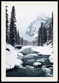 A calm river meanders through a snow-covered forest, surrounded by high mountains and the quiet beauty of winter-2