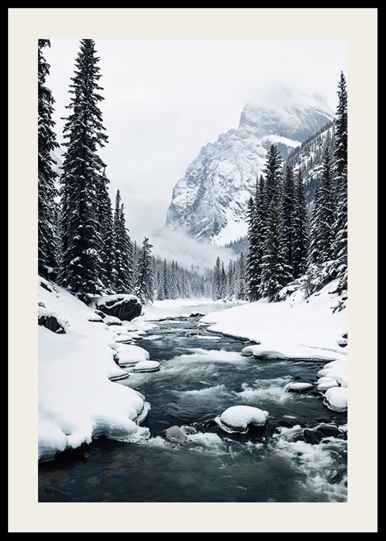 A calm river meanders through a snow-covered forest, surrounded by high mountains and the quiet beauty of winter-12