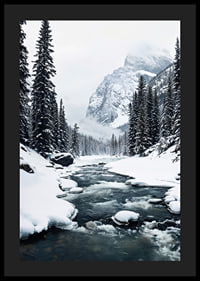 A calm river meanders through a snow-covered forest, surrounded by high mountains and the quiet beauty of winter-4
