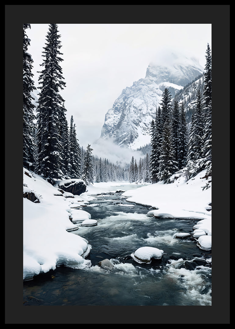 A calm river meanders through a snow-covered forest, surrounded by high mountains and the quiet beauty of winter-12