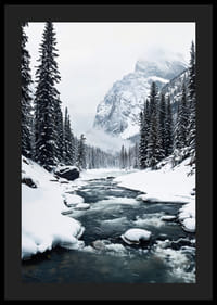 Une rivière calme serpente à travers une forêt enneigée, entourée de hautes montagnes et de la beauté tranquille de l'hiver-4