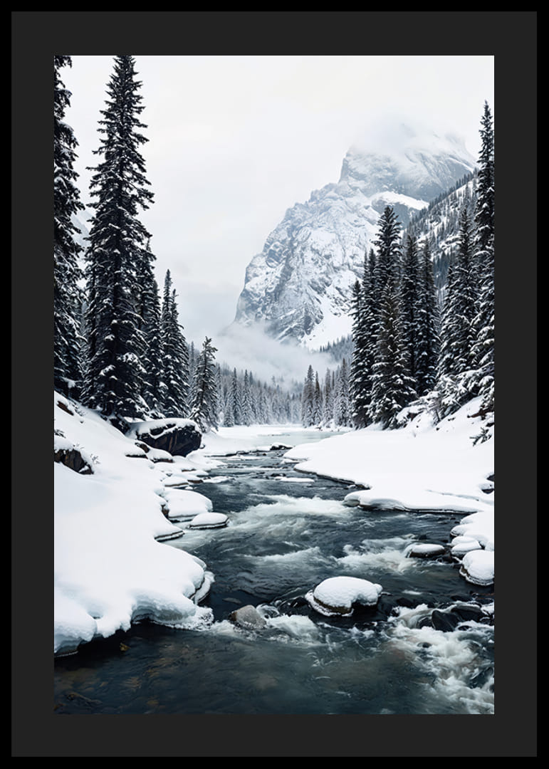 Une rivière calme serpente à travers une forêt enneigée, entourée de hautes montagnes et de la beauté tranquille de l'hiver-12