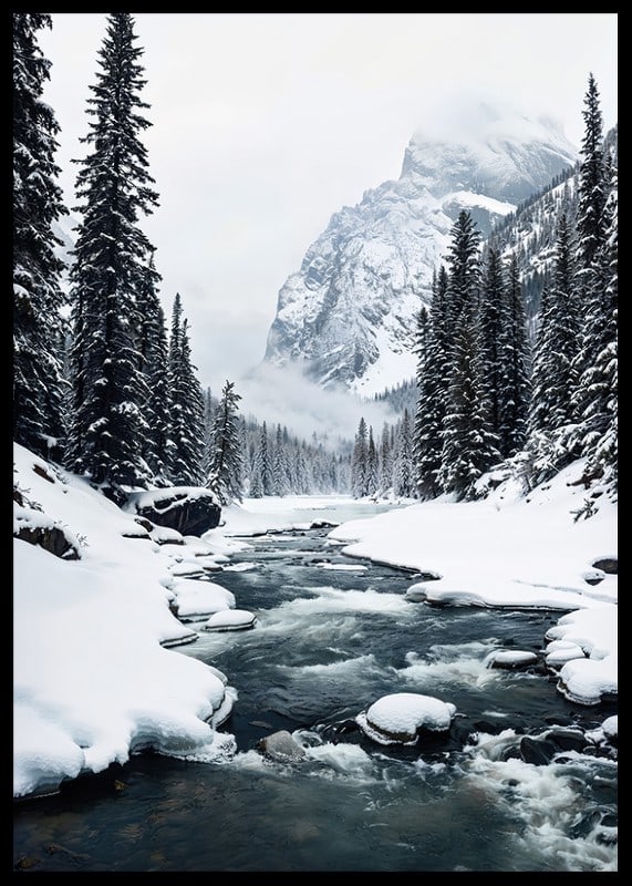 A calm river meanders through a snow-covered forest, surrounded by high mountains and the quiet beauty of winter-12