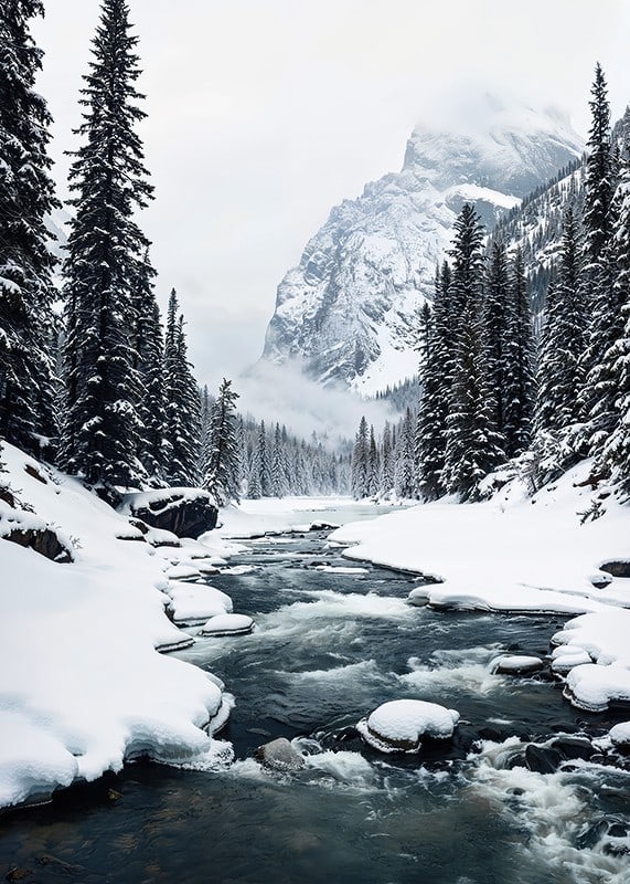 A calm river meanders through a snow-covered forest, surrounded by high mountains and the quiet beauty of winter-12