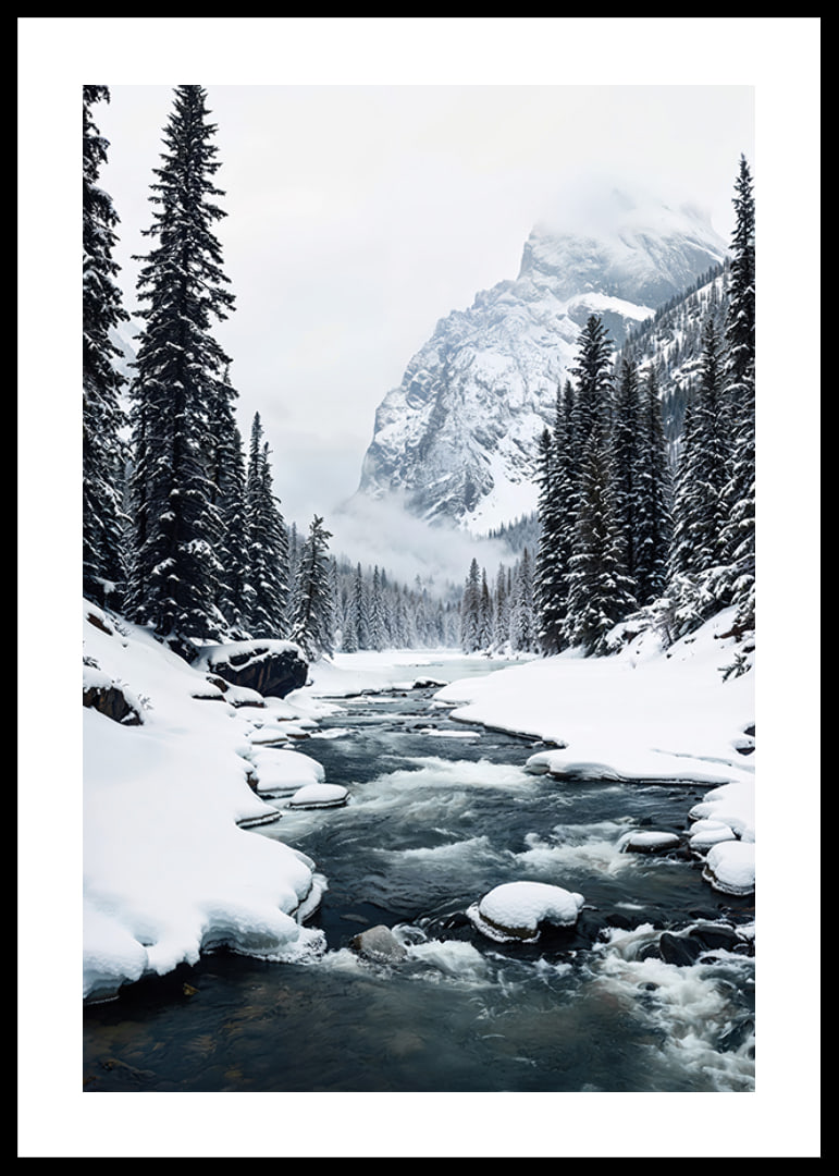A calm river meanders through a snow-covered forest, surrounded by high mountains and the quiet beauty of winter-12
