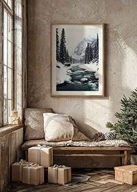 A calm river meanders through a snow-covered forest, surrounded by high mountains and the quiet beauty of winter-8