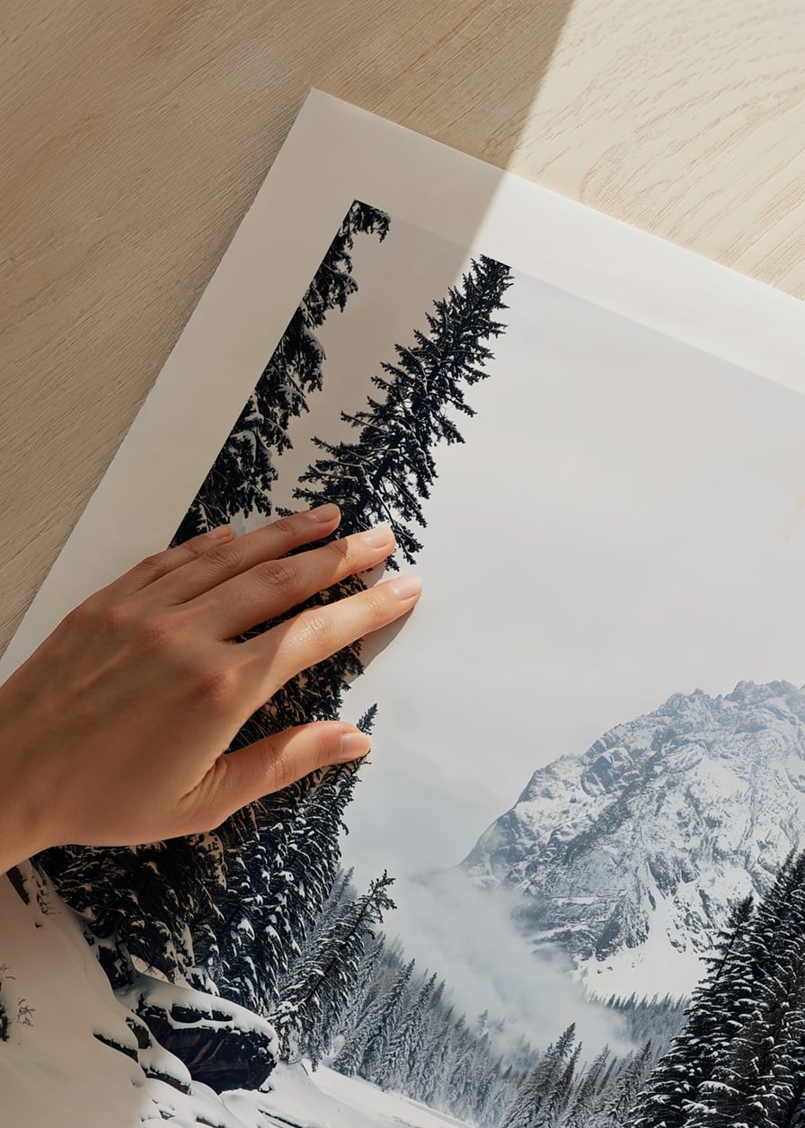 A calm river meanders through a snow-covered forest, surrounded by high mountains and the quiet beauty of winter-12