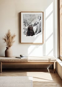 En ståtlig björn står i ett snöklätt landskap, symboliserande naturens kraft och vinterns stillhet-8