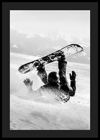 A dramatic moment of snowboarding adventure where a skier meets both speed and fall in snow-covered mountains.-4