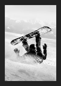 A dramatic moment of snowboarding adventure where a skier meets both speed and fall in snow-covered mountains.-5