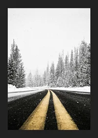 A desolate winter road winds through a snow-covered forest-5
