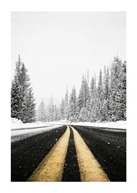 A desolate winter road winds through a snow-covered forest-1