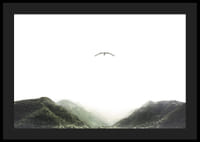 A lone bird hovers over mist-shrouded mountain peaks, capturing the stillness of freedom and nature-4