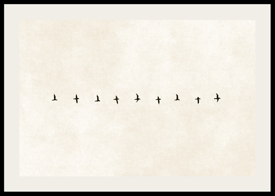 En minimalistisk skildring av fåglar i harmonisk formation, som förmedlar frihet och stillhet.-12