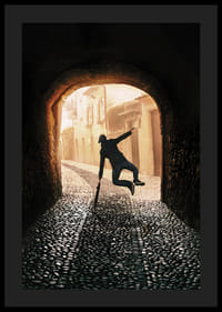 An energetic scene where a person jumps towards the light in an old, stone-paved alley-0