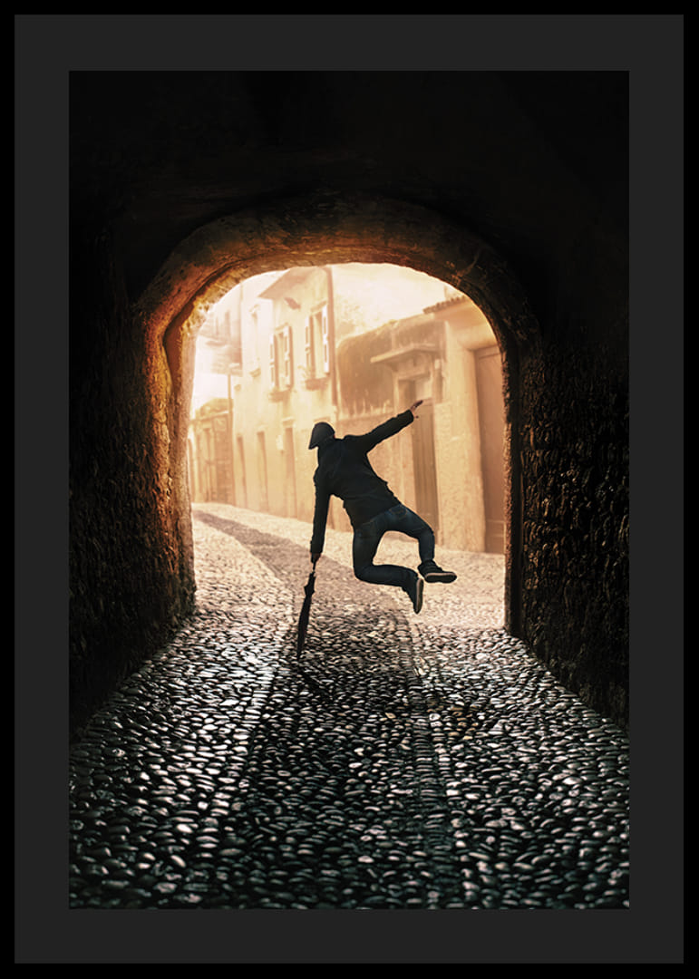 An energetic scene where a person jumps towards the light in an old, stone-paved alley-12