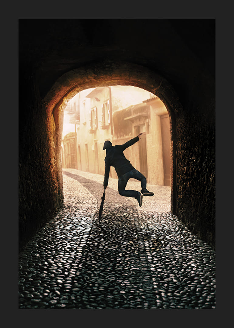An energetic scene where a person jumps towards the light in an old, stone-paved alley-12