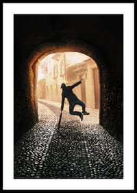 An energetic scene where a person jumps towards the light in an old, stone-paved alley-2
