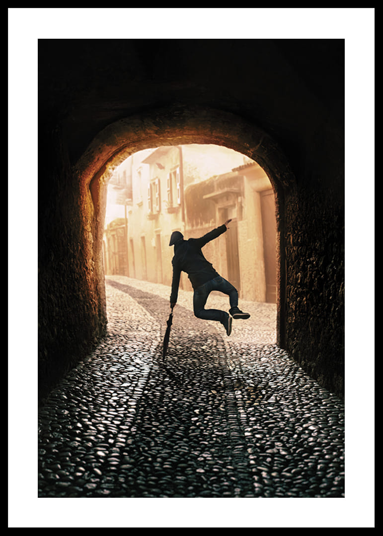 An energetic scene where a person jumps towards the light in an old, stone-paved alley-12