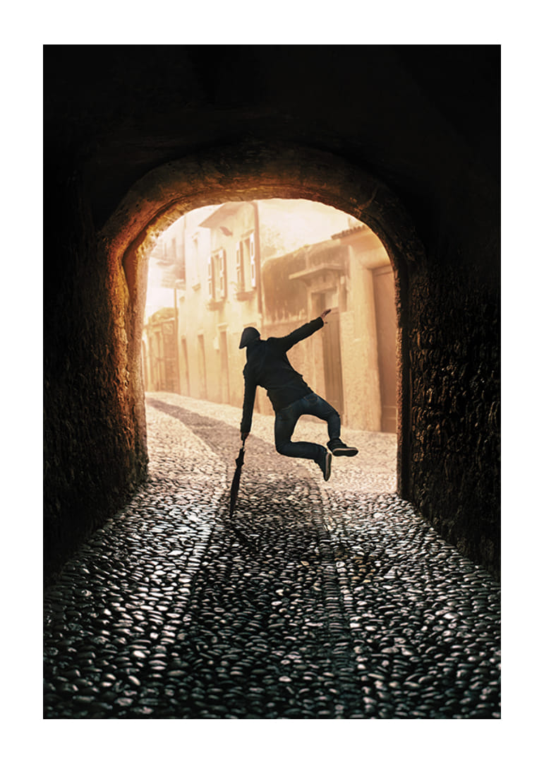 An energetic scene where a person jumps towards the light in an old, stone-paved alley-12