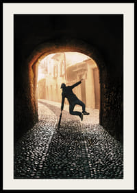 An energetic scene where a person jumps towards the light in an old, stone-paved alley-4