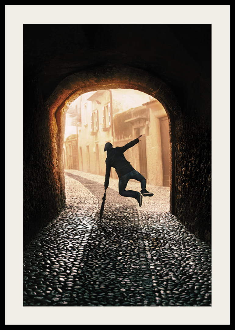 An energetic scene where a person jumps towards the light in an old, stone-paved alley-12